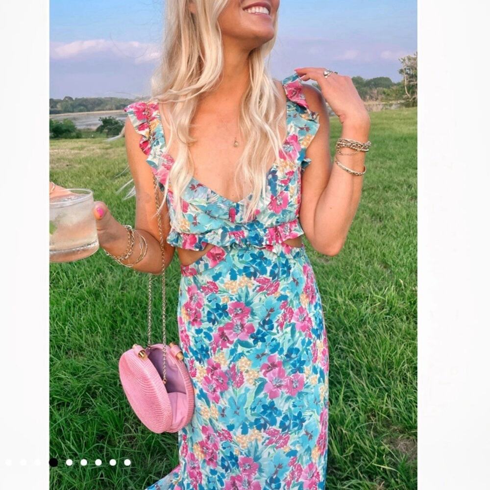 Show Me Your MuMu Floral Midi Dress in Blue, Pink, Yellow - Picture 3 of 10